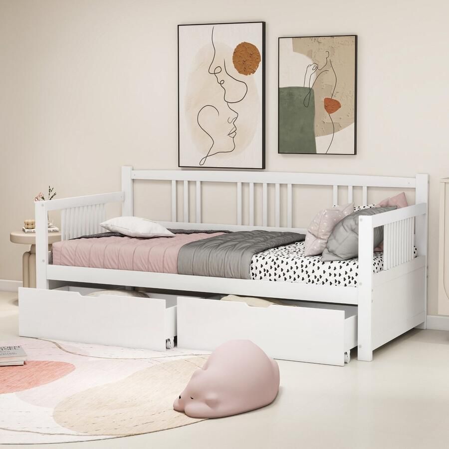 Sweiko Kinderbed 90x200cm Slaapbank Eenpersoonsbed met Twee Compartimenten massief houten frame massief houten bed jeugdbed wieg slaapbank Wit(geen matras)