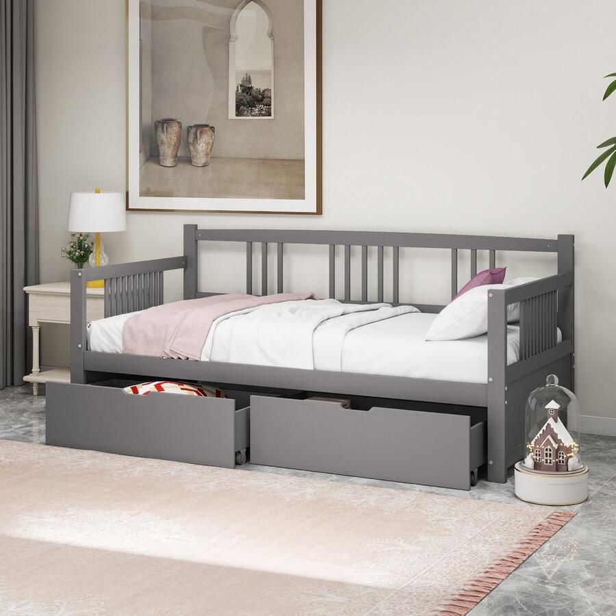 Sweiko Kinderbed 90x200cm Slaapbank Eenpersoonsbed met Twee Compartimenten massief houten frame massief houten bed jeugdbed wieg slaapbank Grijs(geen matras)