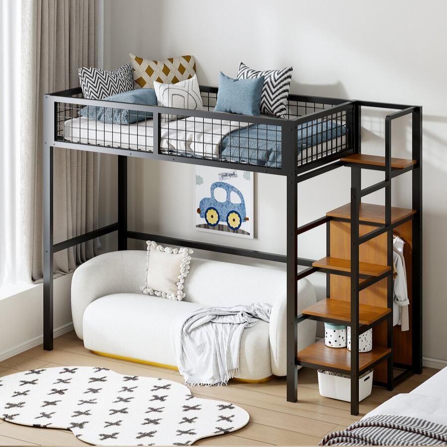 Sweiko Kinderbed 90x200cm Stapelbed Babybedje met ladder Ijzeren frame en opbergruimte kledingkast Zwart (Geen matras)