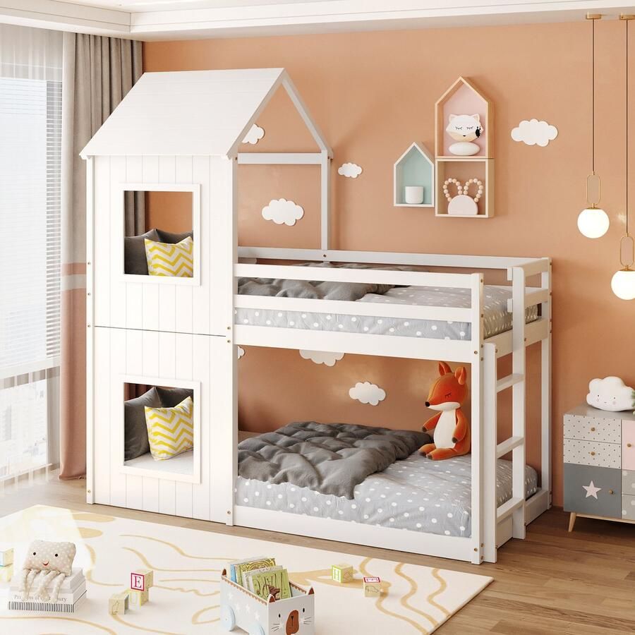Sweiko Kinderbed 90x200cm Stapelbed babywieg Huisvorm Unisex bed met Ladderplafond van vloer tot plafond massief hout Wit (geen matras) - Foto 2