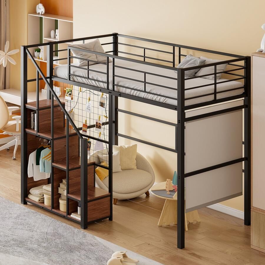 Sweiko Kinderbed 90x200cm Stapelbed met Veiligheidsladder Babybedje met opbergruimte ijzeren frame en plank jeugdbed eenpersoonsbed Zwart(Geen matras)