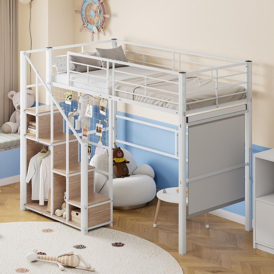Sweiko Kinderbed 90x200cm Stapelbed met Veiligheidsladder Babywieg met opbergruimte ijzeren frame en plank jeugdbed eenpersoonsbed Wit (Geen matras)