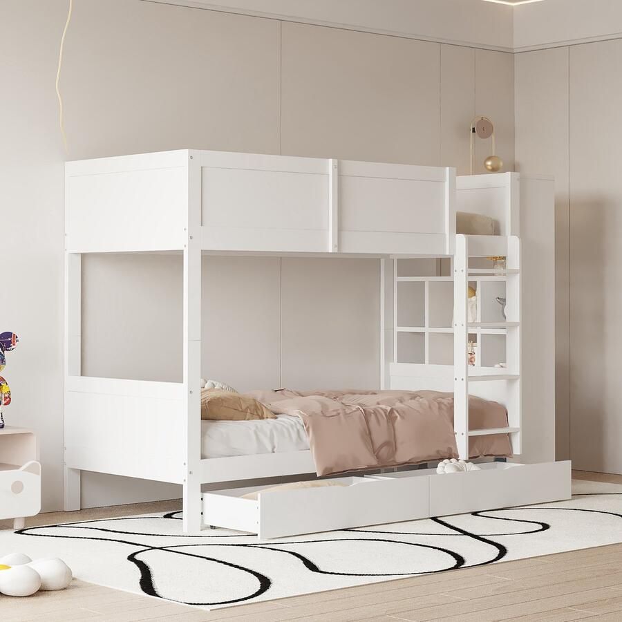 Sweiko Kinderbed 90x200cm Stapelbed Opbergbed met grote Opbergruimte Wieg met lades en kasten Veiligheidshek en hoge bedafstand jeugdbed Wit (Geen matras)