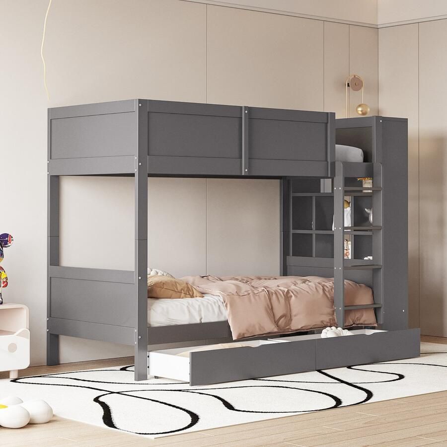 Sweiko Kinderbed 90x200cm Stapelbed Opbergbed met grote Opbergruimte Wieg met lades en kasten Veiligheidshek en hoge bedafstand jeugdbed Grijs (Geen matras)