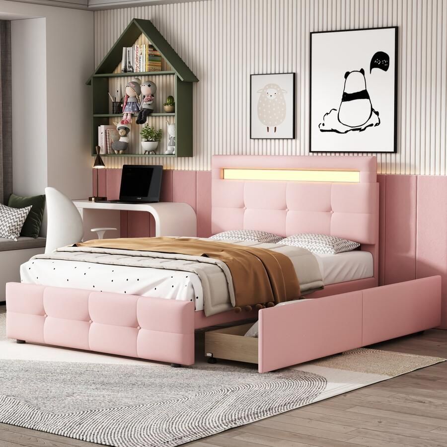 Sweiko Kinderbed 90x200cm zacht kussen bed met LED verlichting 2 lades huidvriendelijk linnen zacht kussen plat eenpersoonsbed kinderbed jeugdbed gastenbed (Roze)