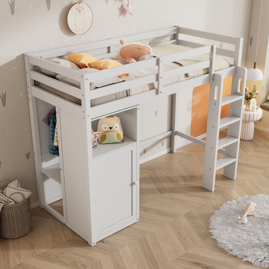 Sweiko Kinderbed Babybedje met Garderobe en Plank Zolderbed babybedje met plat noedelsframe en anti-valbeveiliging Eenpersoonsbed Ligvlak 90x200 cm 108x206x150 cm (B x L x H) Wit (zonder matras)