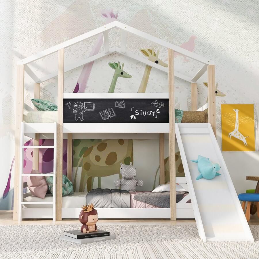 Sweiko Kinderbed Boomhuis met Glijbaan 90 x 200 cm met Ladder Kinderstapelbed -2 Platte noedelslijsten in Natuurlijk Wit