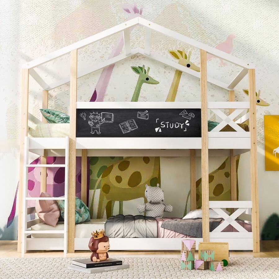 Sweiko Kinderbed Boomhuis met ladder 90 x 200 cm kinderstapelbed -2 Platte noedelslijsten met Natuurlijk Wit - Foto 2