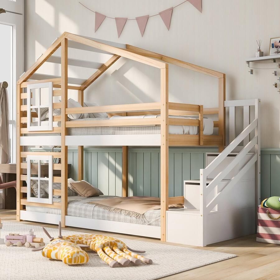 Sweiko Kinderbed Boomhuis met Lade en Valbeveiliging 90 x 200 cm Kinderstapelbed 2 Platte noedelslijsten Natuurlijk Wit