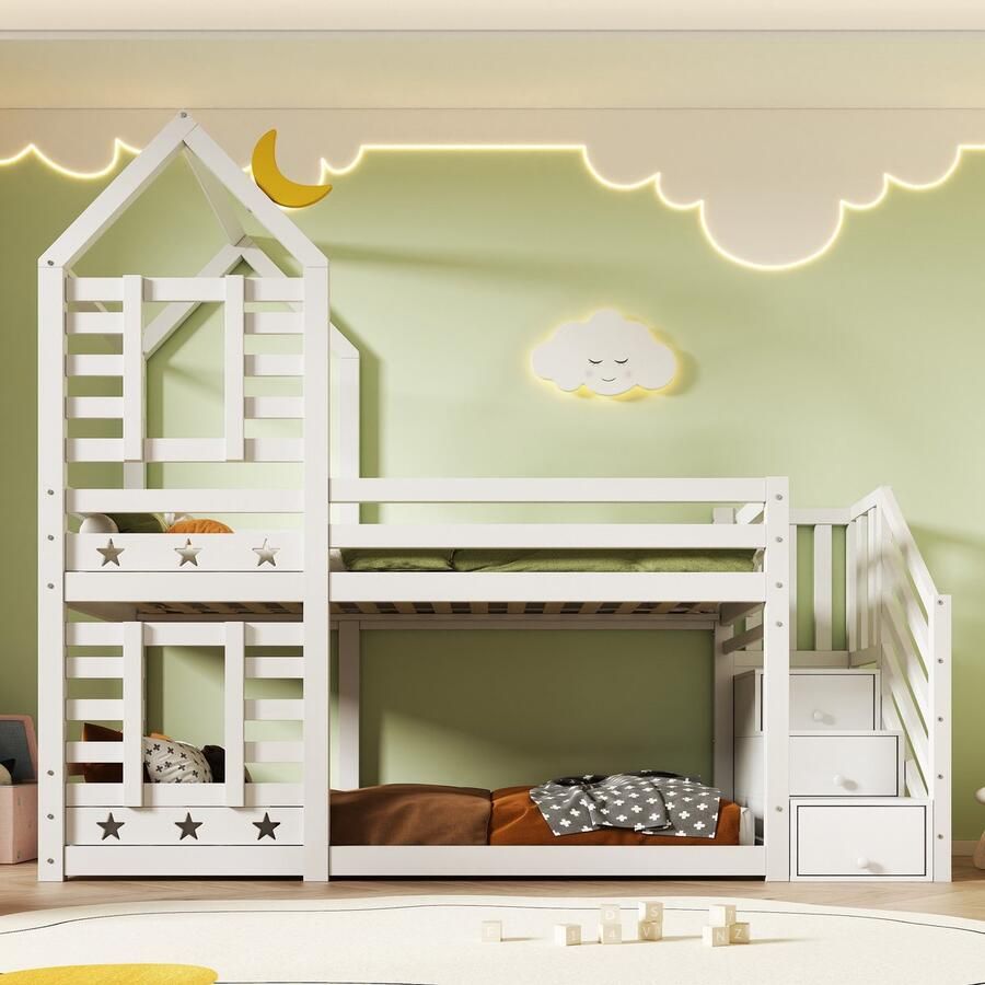 Sweiko Kinderbed Boomhuis met lade en valbeveiliging 90 x 200 cm stapelbed voor kinderen– 2x lattenbod- Wit