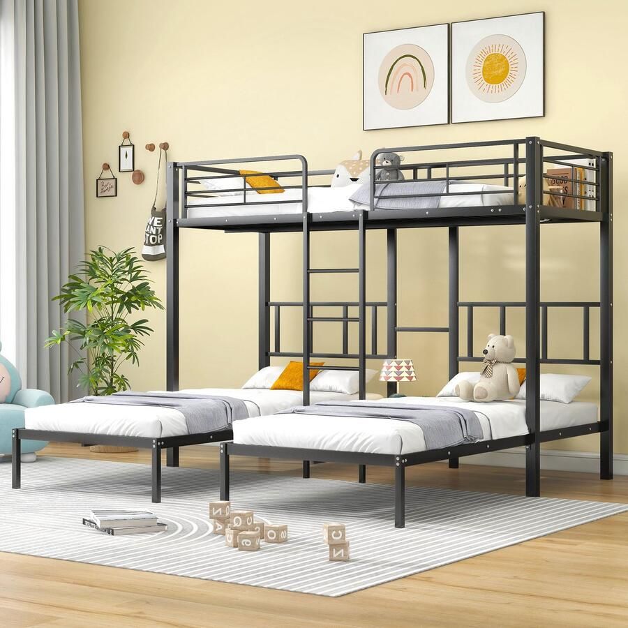Sweiko Kinderbed Driepersoonsbed Driepersoons stapelbed met ladder voor kinderen en tieners IJzeren bed met valbeveiliging en planken Zwart (90x200cm*3)