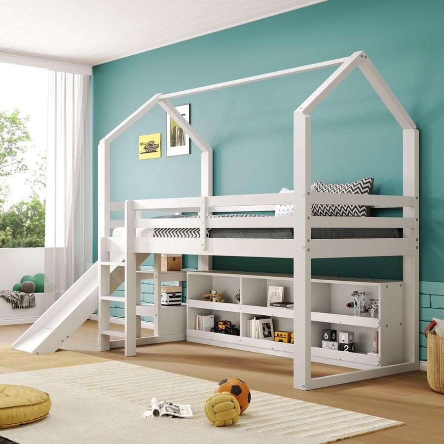 Sweiko Kinderbed Eenpersoonsbed 90x00cm met Schuiftrap Kastrek Huisstijl Multifunctioneel bed geen matras massief hout+MDF Wit - Foto 2