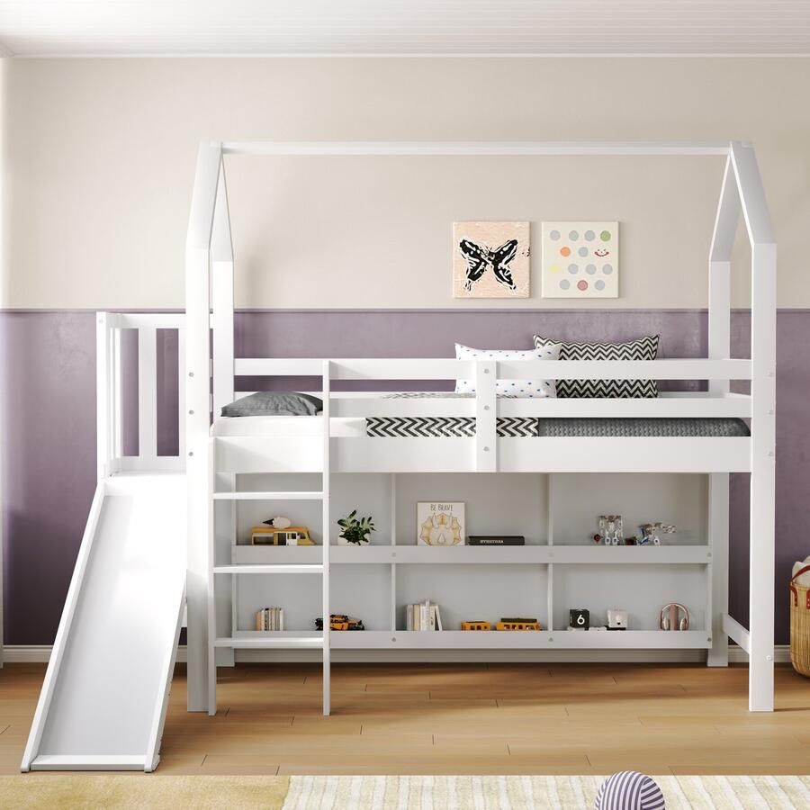 Sweiko Kinderbed Eenpersoonsbed 90x00cm met Schuiftrap Kastrek Huisstijl Multifunctioneel bed geen matras massief hout+MDF Wit