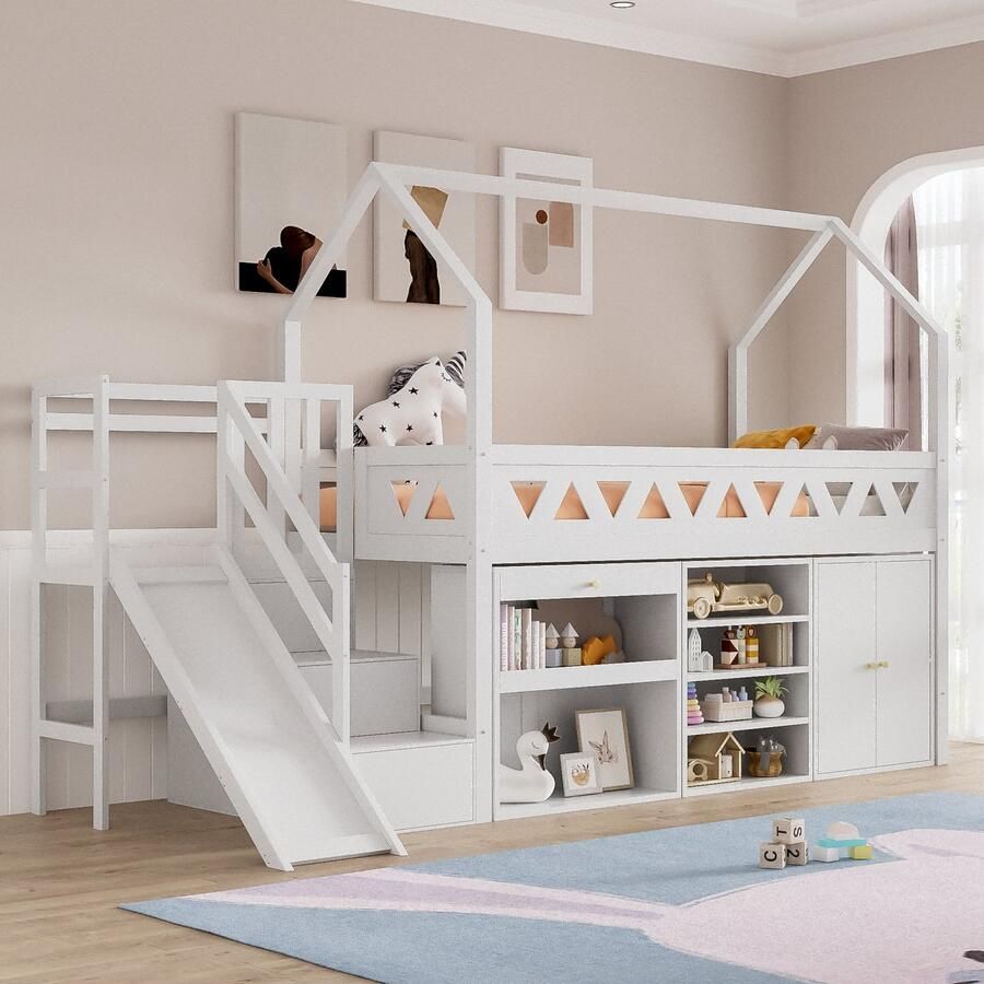 Sweiko Kinderbed Eenpersoonsbed Multifunctioneel kinderbed met glijbaan en trap met laden en kluisje met magnetische deur zonder matras massief hout Wit 90*200cm - Foto 2