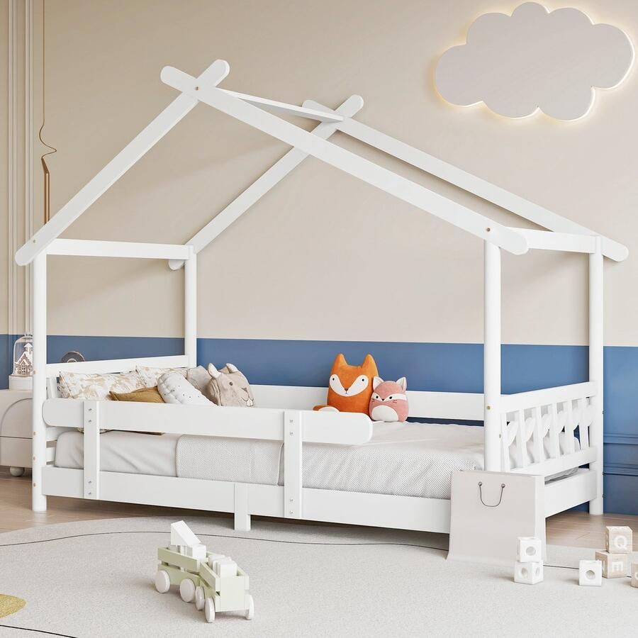 Sweiko Kinderbed Familiebed 200x90cm Massief houten rooster en Vlak noedelsframe valbescherming voor kinderen en adolescenten Wit