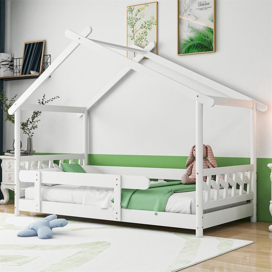 Sweiko Kinderbed Familiebed 90x190cm Huisstijl Massief houten grille en plat noedelsframe valbescherming voor kinderen en adolescenten Wit (zonder matras)