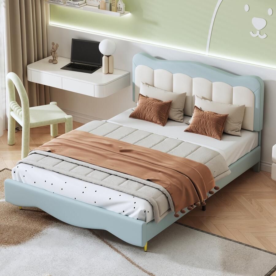 Sweiko Kinderbed gestoffeerd bed 140 x 200 cm PU leer lief jongen-meisje bed Lichtblauw Jeugdbed Tweepersoonsbed met lattenbod (matras niet inbegrepen)