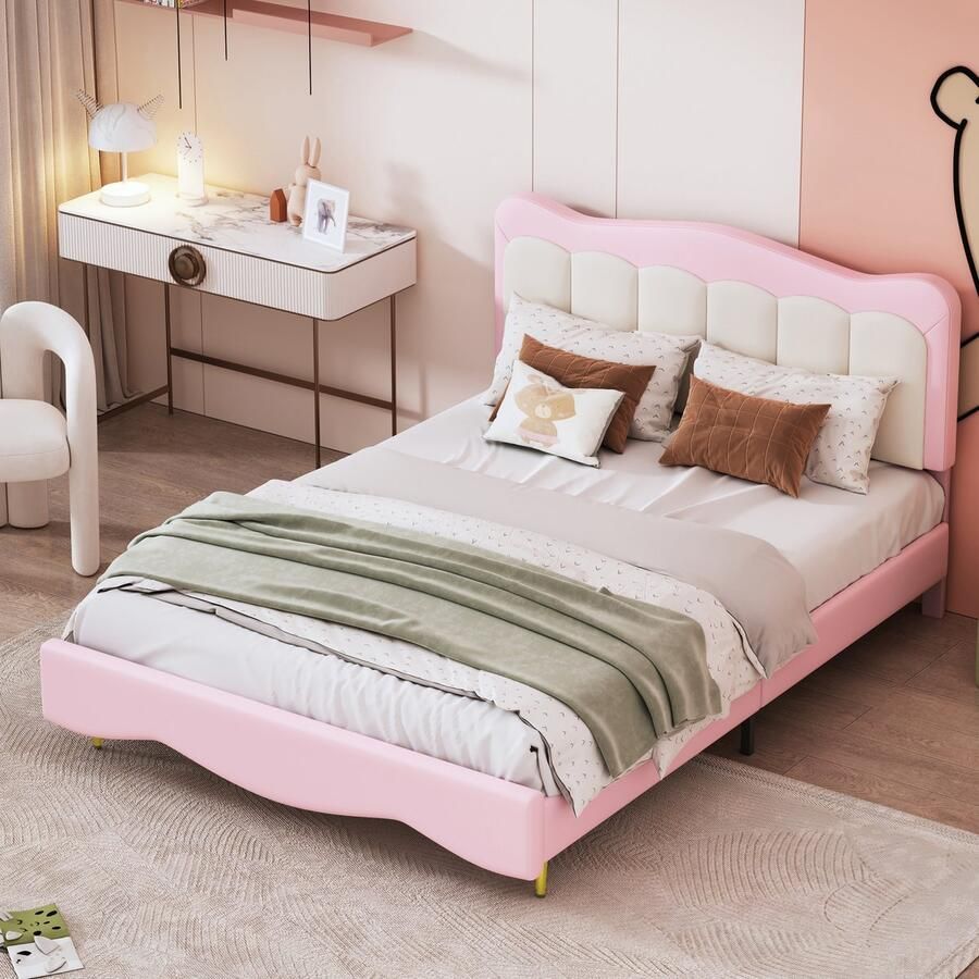 Sweiko Kinderbed gestoffeerd bed 140 x 200 cm PU leer lief jongen-meisje bed Roze Jeugdbed Tweepersoonsbed met lattenbod (matras niet inbegrepen)