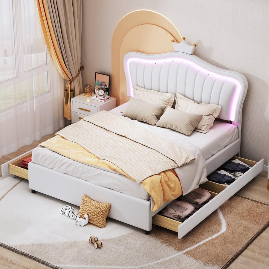 Sweiko Kinderbed Gestoffeerd bed 140 x 200 cm Wit Kroonmeisje Eenpersoonsbedframe Gemaakt van PU leer met opberglades LED verlichting Flat noedles frame en rugleuning (Geen matras)
