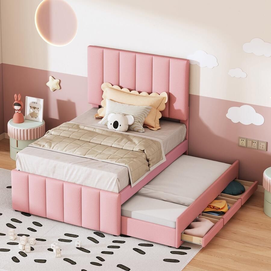 Sweiko Kinderbed Gestoffeerd bed 90 x 200 cm Met Opklapbed en opberglades Huidvriendelijk linnen interieur plat eenpersoonsbed wieg jeugdbed Roze (Zonder matras)