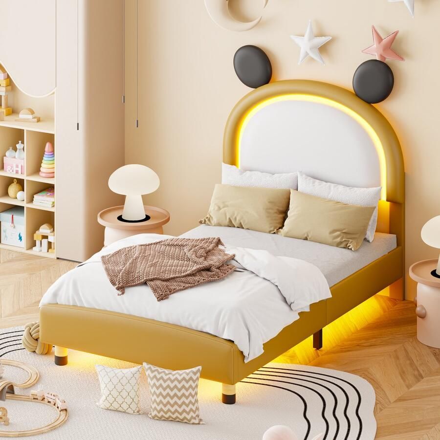 YJZQ Kinderbed gestoffeerd bed 90 x 200 cm PU-leer Hoofdeinde met LED-licht Animal Shape Kinderbed met lattenbodem vlak bed voor jongens en meisjes geel (matras niet inbegrepen)
