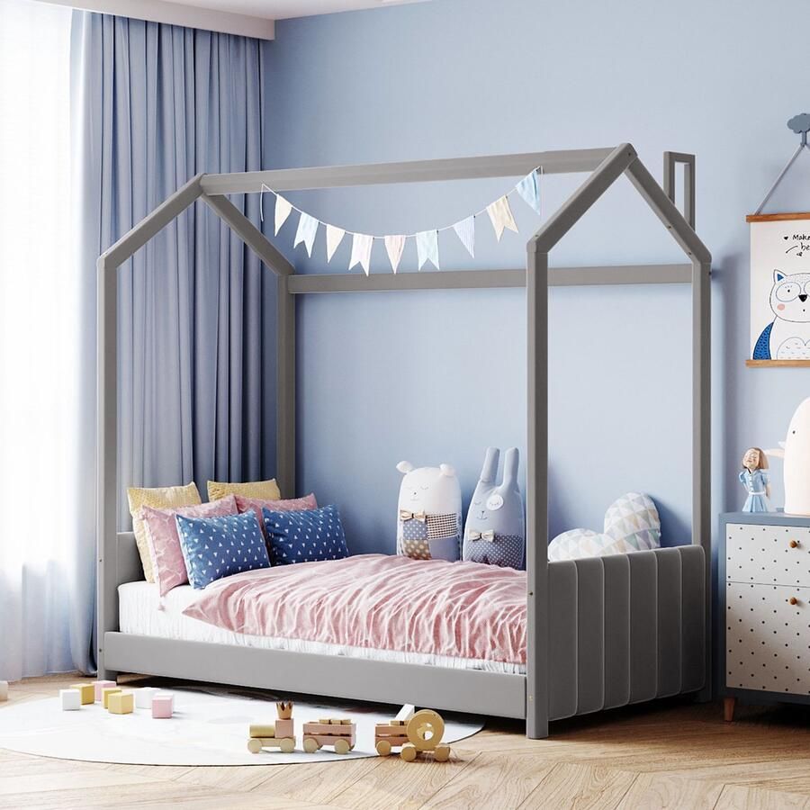Sweiko Kinderbed gestoffeerd bed 90*200 huisbed met hoofdeinde voetplank lattenbod en dak huidvriendelijke fluwelen stof Grijs eenpersoonsbed