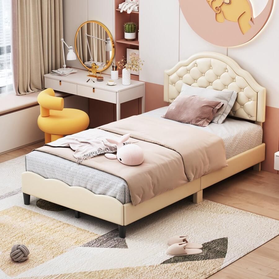 Sweiko Kinderbed gestoffeerd bed 90*200cm met lattenbod met rugleuning PU leer Beige (matras niet inbegrepen)