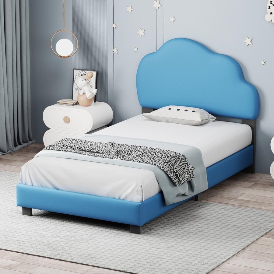 Sweiko Kinderbed gestoffeerd bed 90*200cm met lattenbod met wolkvormige rugleuning Jongens- en meisjesbed Blauw (matras niet inbegrepen)