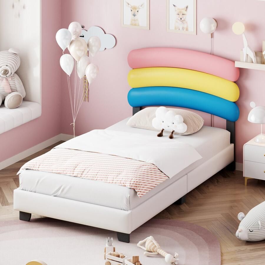 Sweiko Kinderbed gestoffeerd bed 90*200cm met lattenbod regenboogvorm PU lederen jongens- en meisjesbed Wit (matras niet inbegrepen)