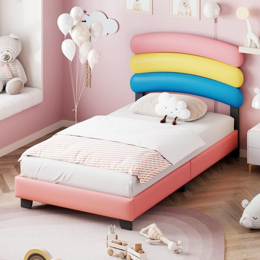 Sweiko Kinderbed gestoffeerd bed 90*200cm met lattenbod regenboogvorm PU lederen jongens- en meisjesbed Roze (matras niet inbegrepen)