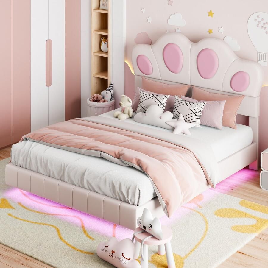 Sweiko Kinderbed Gewatteerd bed 140 x 200 cm Kattenklauwvormig hoofdeinde gewatteerd drijvend bedframe met kleurveranderende LED lichtontwerp tweepersoonsbed kunstlederen stof Beige kleur