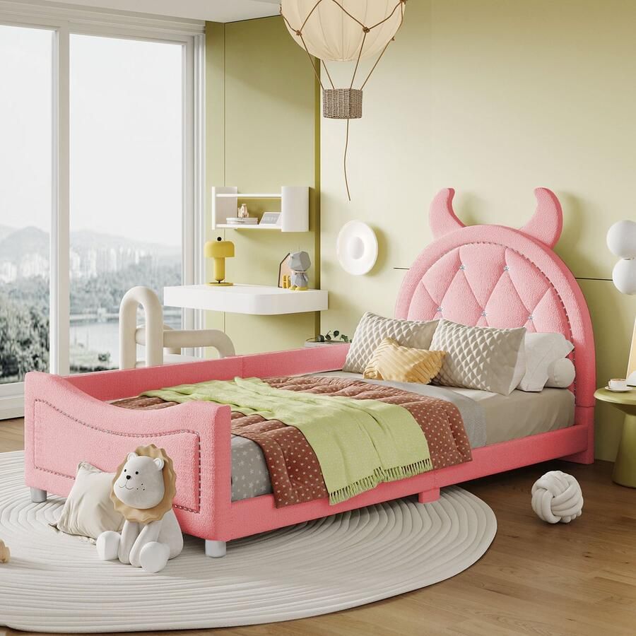 Sweiko Kinderbed gewatteerd bed 90*200cm slaapbank bedframe gemaakt van Teddy stof multifunctionele rugleuning zacht bed tienerbed gastenbed roze