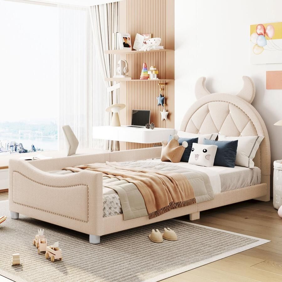 Sweiko Kinderbed gewatteerd bed 90*200cm slaapbank bedframe gemaakt van Teddy stof multifunctionele rugleuning zacht bed tienerbed gastenbed beige
