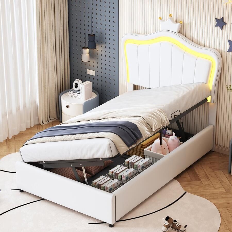 Sweiko Kinderbed Gewatteerd bed 90x200 cm met Kroontwerp LED Verlichting Hydraulisch opbergbed in hoogte verstelbaar hoofdeinde eenpersoonsbed met platte noedelsvoet synthetisch leer Wit (Geen matras)