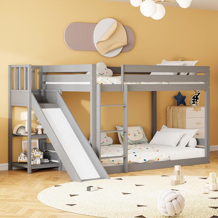 Sweiko Kinderbed Grenen Tweepersoonsbed 90x200cm Canvas bed met plat noedelsframe glijbaan en plank met ladder en val arrest bedstead Grijs