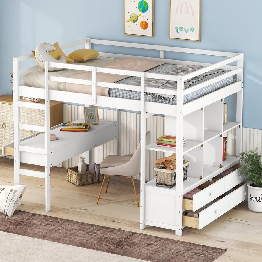 Sweiko Kinderbed Hoogslaper Kinderloft bed met Bedbureau met opbergrek en lades 140 x 200cm Wit (Zonder stoelen) - Foto 2
