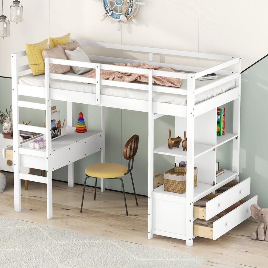 Sweiko Kinderbed Hoogslaper Kinderloft bed met Bedbureau met opbergrek en lades 90 x 200cm Wit (Zonder stoelen) - Foto 2