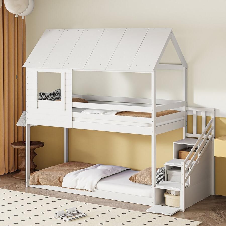 Sweiko Kinderbed Houten Tweepersoonsbed 90 X 200 cm Dakconstructie Veiligheidstrap met meerdere compartimenten Vlak noedelsframe eenpersoonsbed wieg Wit (Zonder matras)