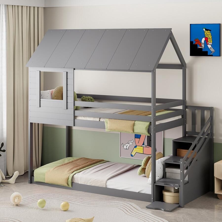 Sweiko Kinderbed Houten Tweepersoonsbed 90 X 200 cm Dakconstructie Veiligheidstrap met meerdere compartimenten Vlak noedelsframe eenpersoonsbed wieg Grijs (Zonder matras)
