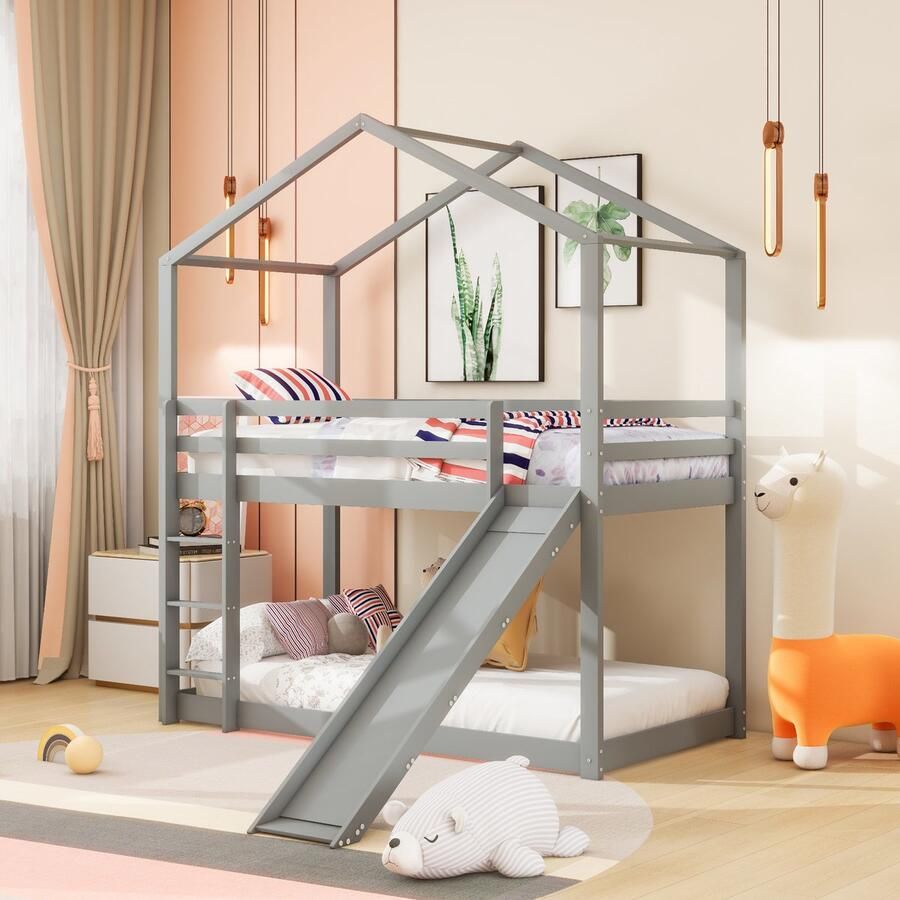 Sweiko Kinderbed Huisbed Laag Stapelbed met Glijbaan Massief Houten stapelbedframe met platte noedelslijst 90 x 200 cm Grijs(geen matras)