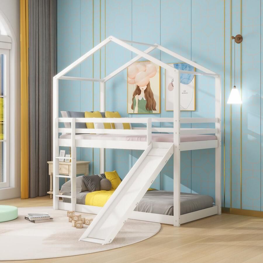 Sweiko Kinderbed Huisbed Laag Stapelbed met Glijbaan Massief Houten stapelbedframe met platte noedelslijst 90 x 200 cm Wit(geen matras)
