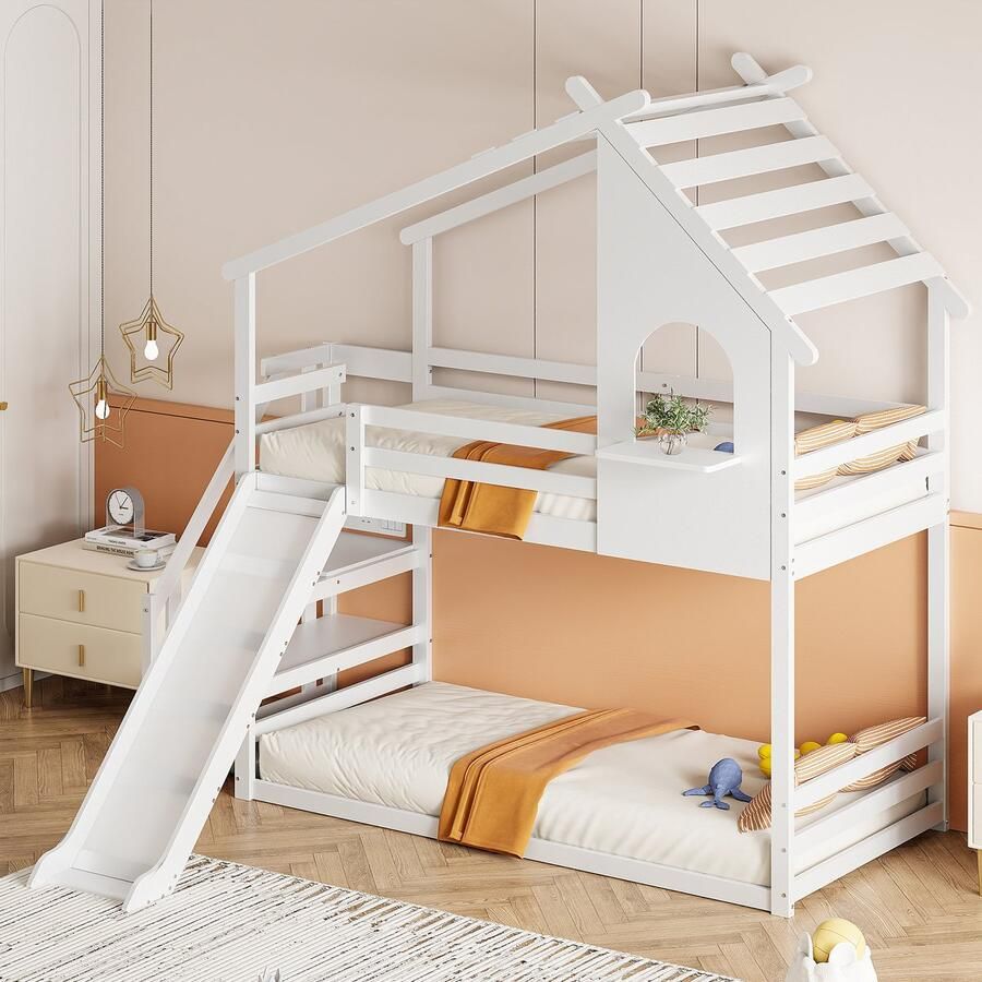 Sweiko Kinderbed Huisbed Laag stapelbed met glijbaan Trap en opbergruimte Massief houten stapelbedframe met platte noedelslijst 90 x 200 cm Wit (geen matras)