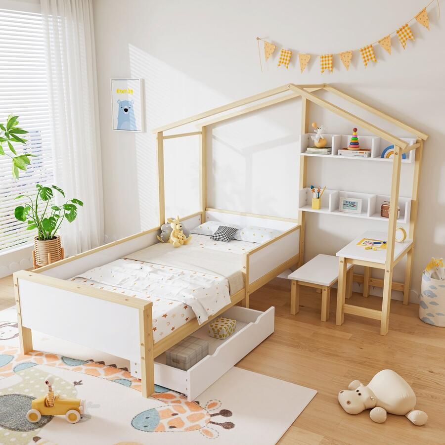 Sweiko Kinderbed Huisbed met Lade en Plank Massief Hout met tafel en kruk Beschermende plank en plat noedelsframe L-vormige structuur Wit+Naturel pine+MDF+meerlaags bord 90x200cm (Zonder matras)