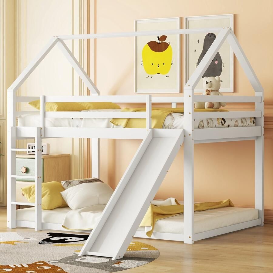 Sweiko Kinderbed Huisbed Stapelbed met glijbaan en ladder Kinderkamer Hoog dubbel stapelbed Wit 140x200cm