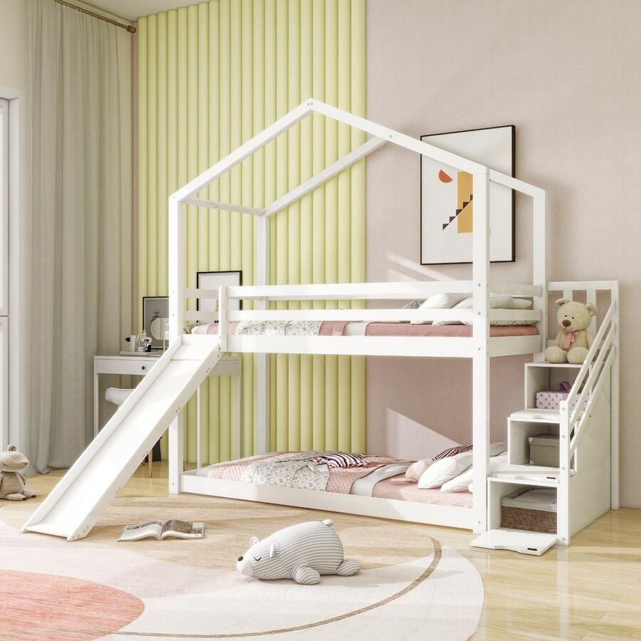 Sweiko Kinderbed Huisbed Tweepersoonsbed met Glijbaan en Ladder Tweepersoonsbed van massief hout Platte noedelslijst 90 x 200 cm Wit (Geen matras)
