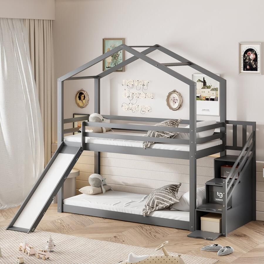 Sweiko Kinderbed Huisbed Tweepersoonsbed met Glijbaan en Ladder Tweepersoonsbed van massief hout Platte noedelslijst 90 x 200 cm Grijs (Geen matras)