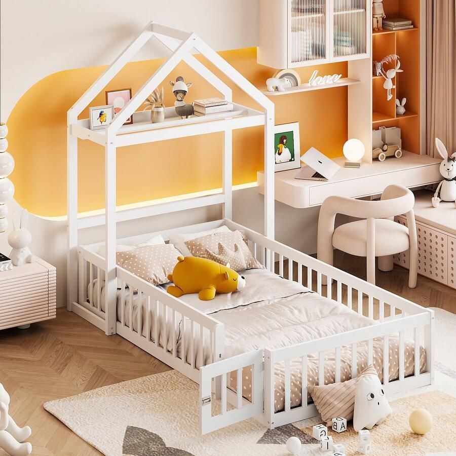 Sweiko Kinderbed Huisstijl 90 x 200cm bed Massief Houten Wieg Opbergruimte met kledingrek Volledig beschermende grille en deur Vlak noedelsframe Wit(Geen matras)