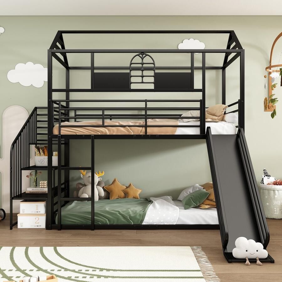 Sweiko Kinderbed Ijzeren frame bed Stapelbed babywieg met dak en raam Uitgerust met Glijbaan en Zijladder Geschikt voor kinderen en tieners uitgerust met zijladder anti val apparaat strijkijzer Zwart 90x200cm (Geen matras)