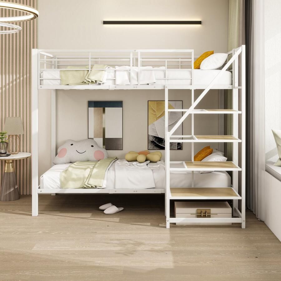 Sweiko Kinderbed Ijzeren Stapelbed 90x200cm Bergtrap Hoge reling Tweepersoonsbed jeugdbed babywieg Wit (Zonder matras)