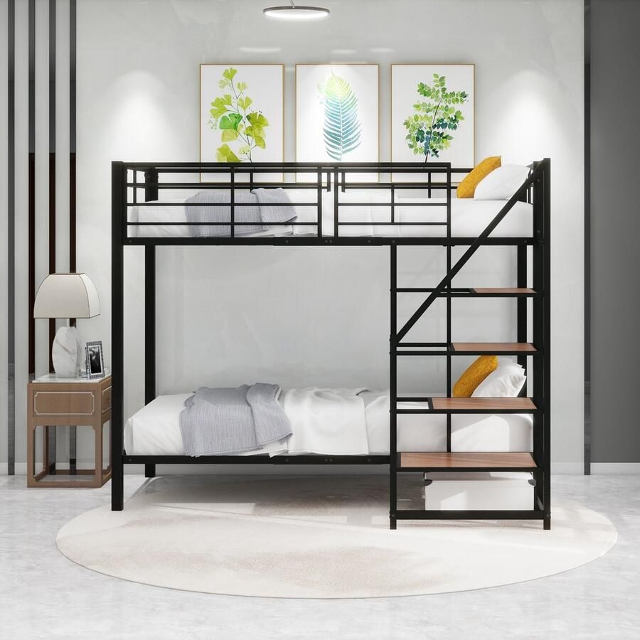 Sweiko Kinderbed Ijzeren Stapelbed 90x200cm Bergtrap Hoge reling Tweepersoonsbed jeugdbed babywieg Zwart (Zonder matras)